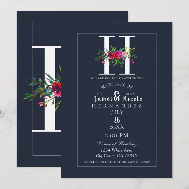 H Monogram Sistvarande Modern Blå Blommig Bröllop Inbjudningar (Fram/baksida)