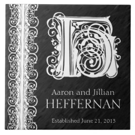 H Monogram "White Snöre on Black" Bröllop Tile Kakelplatta