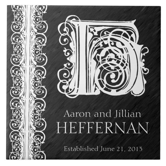 H Monogram "White Snöre on Black" Bröllop Tile Kakelplatta (Framsidan)