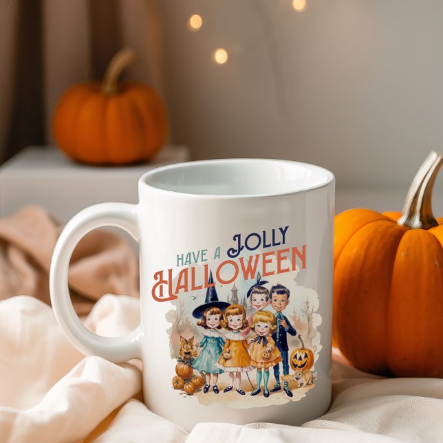 Ha en glad Halloween-Vintage Kaffemugg (Vintage 'Have A Jolly Halloween' Double Sided Coffee Mug With Retro Looking Trick-or-Treater Kids)