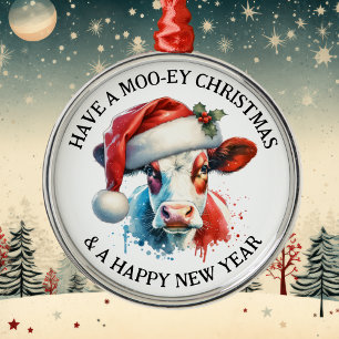 Ha en God jul   Funny Cow i Santa Hat Julgransprydnad Metall