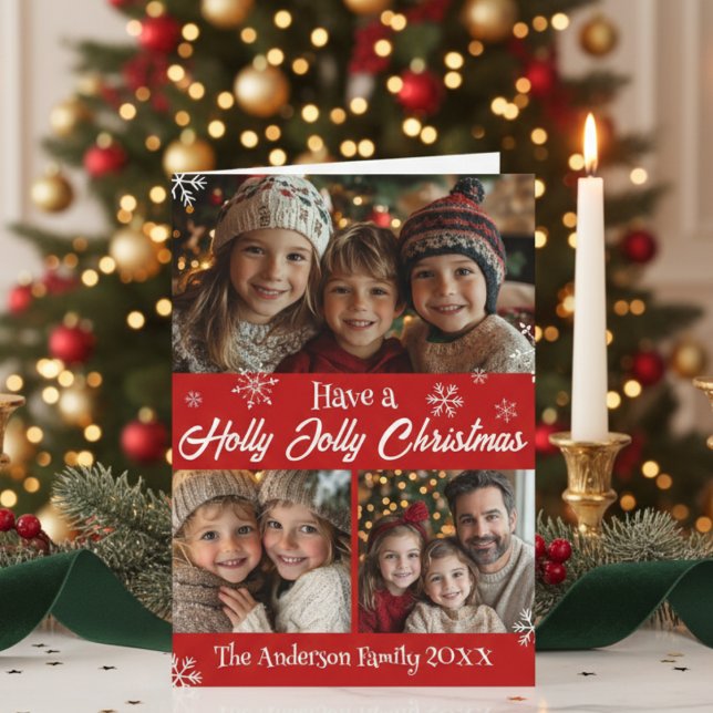 Ha en holly Jolly-julfamiljs fotokollage Helgkort (Have A Holly Jolly Christmas Family Photo Collage Holiday Card)