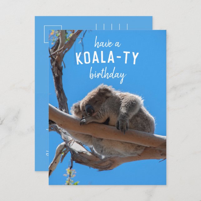 Ha en Koala-födelsedag, rolig blå vykort (Fram/baksida)