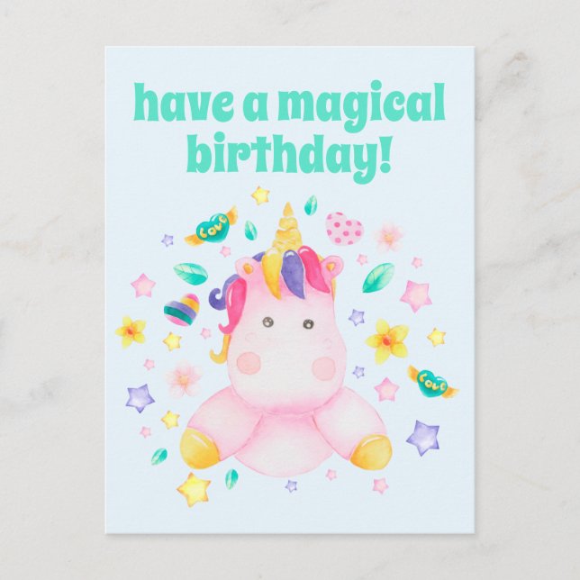 Ha en magisk födelsedag, Cute Kids Unicorn Vykort (Framsida)