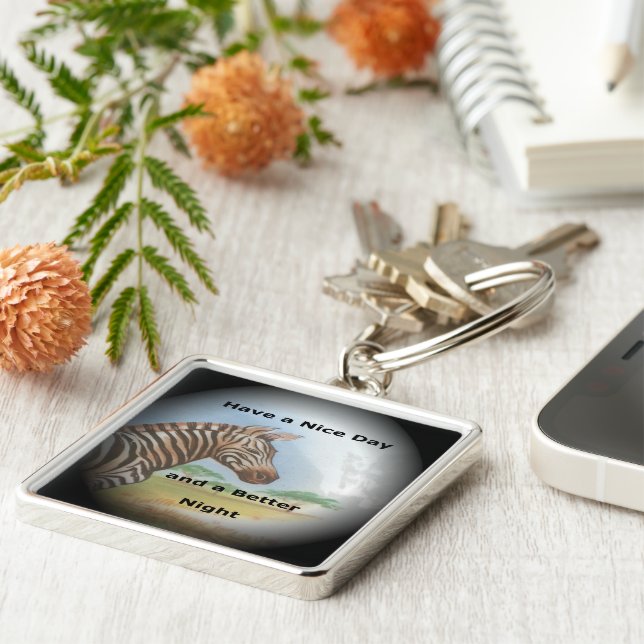 Ha en Nicedag och en bättre natt i Zebra tryck Fyrkantig Silverfärgad Nyckelring (Sidan)