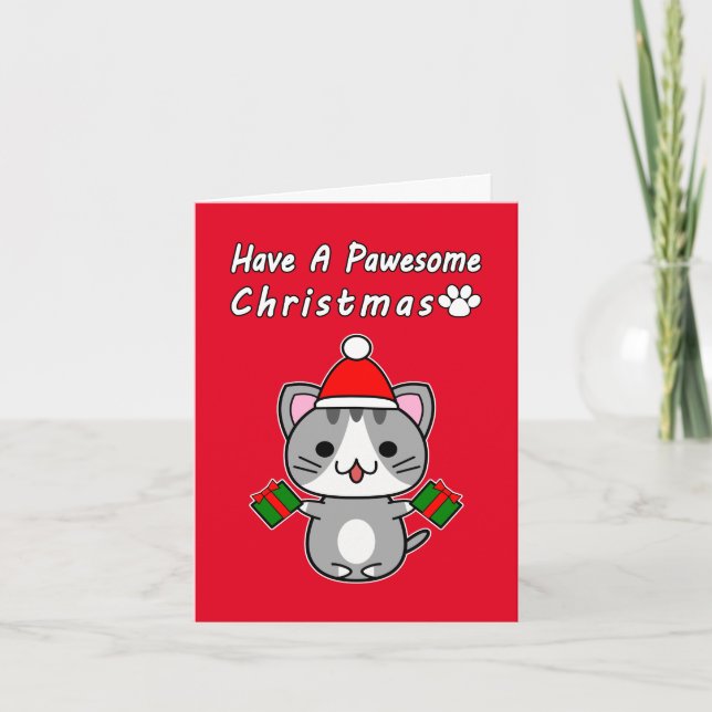 Ha En Pawesome Jul - Grå Tabby Katt Helgkort (Framsida)