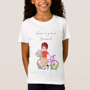 Ha en trevlig resa, vykort. Tecknad flicka med en T Shirt