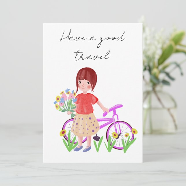 Ha ett fint resa, vykort. Tecknad flicka med bi Julkort (Stående Fram)