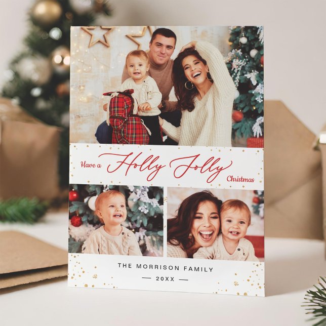 Ha ett Holly Jolly jul Guld Confetti 3-foto Julkort (Skapare uppladdad)