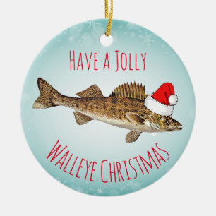 "Ha Jolly jul för en Walleye" med den Santa hatte Julgransprydnad Keramik