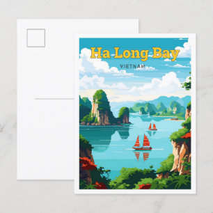 Ha Long Bay Vietnam Travel Vintage Illustration Vykort