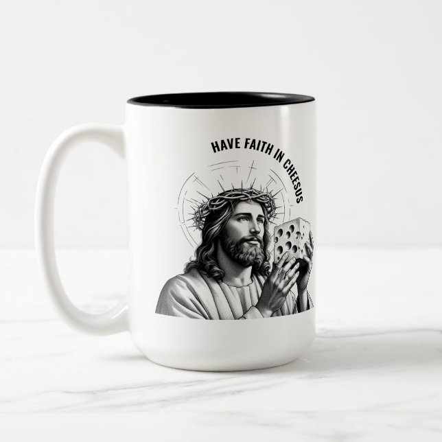 Ha tro på Cheesus - Rolig Jesus Meme Två-Tonad Mugg (Vänster)