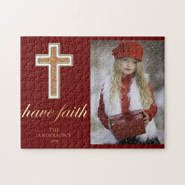 Ha tro | Religiöst julfoto med kors Pussel (Horisontell)