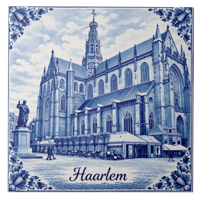 Haarlem church Delft Blue style ceramic tile Kakelplatta (Framsidan)