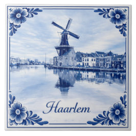 Haarlem windmill Delft Blue style ceramic tile Kakelplatta