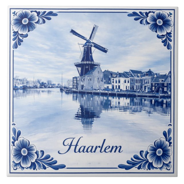 Haarlem windmill Delft Blue style ceramic tile Kakelplatta (Framsidan)