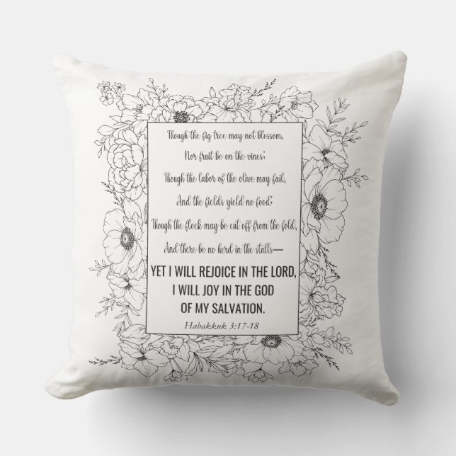 Habakkuk 3:17-18 Bible Verse Blommigt Line Art Kudde (Framsida)