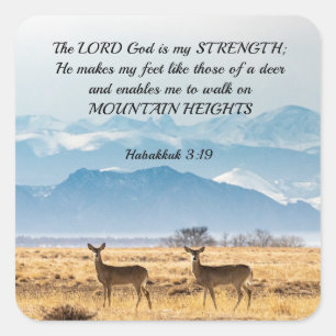 Habakkuk 3:19 Bible Verse Hjort and Mountains Fyrkantigt Klistermärke