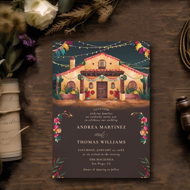 Hacienda Mexikanska Rustic Elegant Fiesta Bröllop Inbjudningar (rancho mexican wedding invitation fiesta hacienda watercolor earthy brown elegant modern classy)