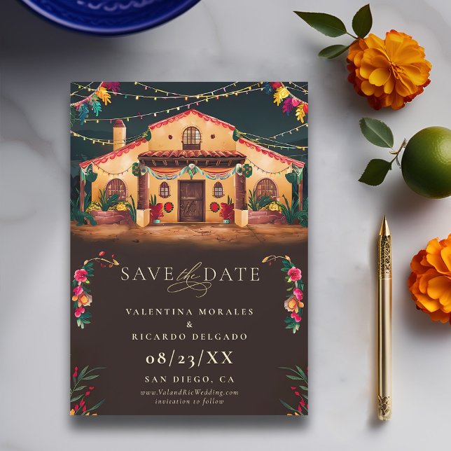 Hacienda Mexikanska Rustic Elegant Fiesta Bröllop Spara Datumet (rancho mexican wedding save the date fiesta hacienda watercolor floral frame elegant modern)