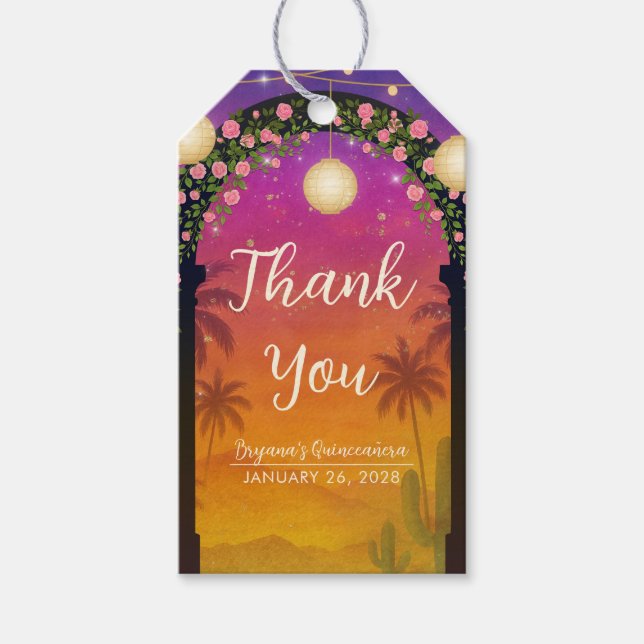 Hacienda Sunset Blommigt Arch Quinceañera Presentetikett (Framsidan)