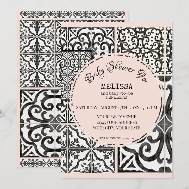 Hacienda Tile Black White  Modern Baby Shower Inbjudningar (Fram/baksida)
