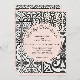Hacienda Tile Black White Modern Bröllop Inbjudningar