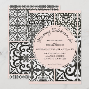 Hacienda Tile Black White Modern Bröllop Inbjudningar