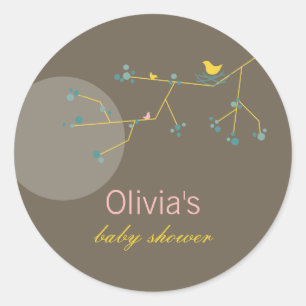 Häckande Fågel Familj På Grenar Enkel Baby Shower Runt Klistermärke