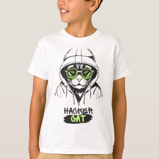 Hacker Cat Cyberpunk Tech Kitty Pojkar T-Shirt (Framsida)