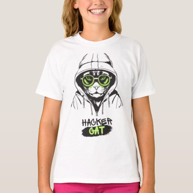 Hacker Cat Cyberpunk Tech Kitty Tjej T-Shirt (Framsida)
