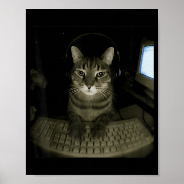 Hacker Cat Meme Funny Computer Cat Kitten Gamer Ca Poster (Framsidan)