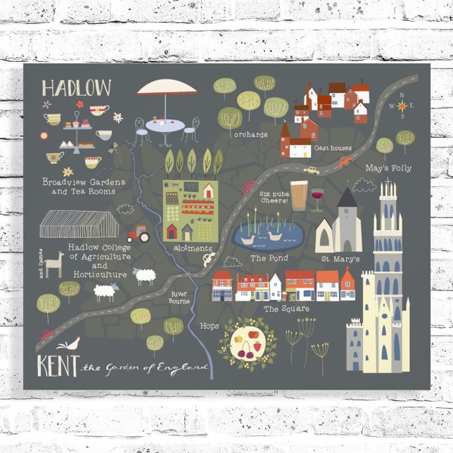 Hadlow, Kent Illustrated English Village Karta Fototryck (Hadlow, Kent English village artist map poster)