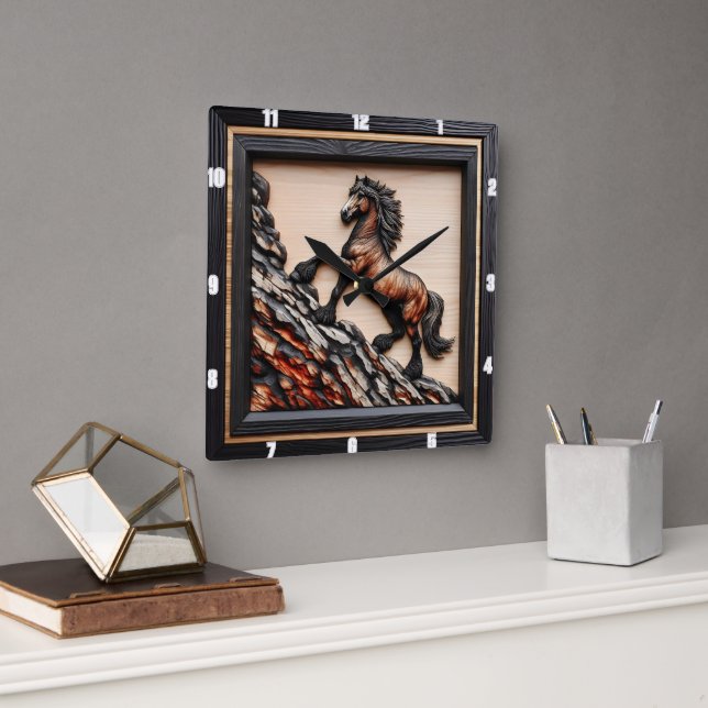 Haflinger Ascent: Black Brown Wood Anpassningsbar Fyrkantig Klocka (Kontor)