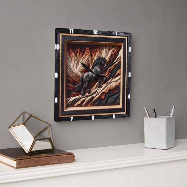 Haflinger Black Horse: Wood Art Stil Choice Fyrkantig Klocka (Kontor)