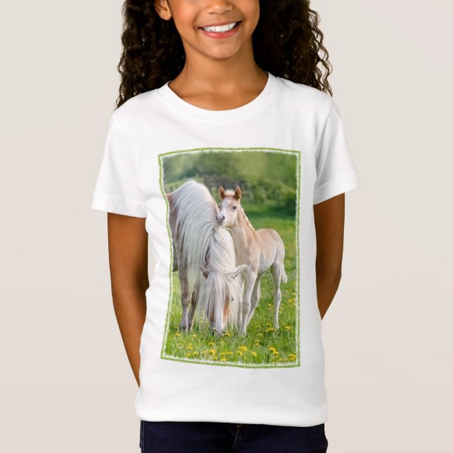 Haflinger-hästar kute Baby-foal med Morsa-foto - T Shirt (Framsida)