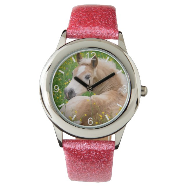 Haflinger Horse Cute Foal i Uppringningsskylt med  Armbandsur (Framsida)