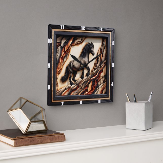 Haflinger Horse: Wood Art Stil Hue Fyrkantig Klocka (Kontor)