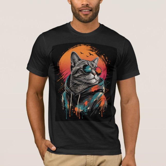 Häftig Astronaut Katt Retro Solnedgång T-Shirt (Framsida)