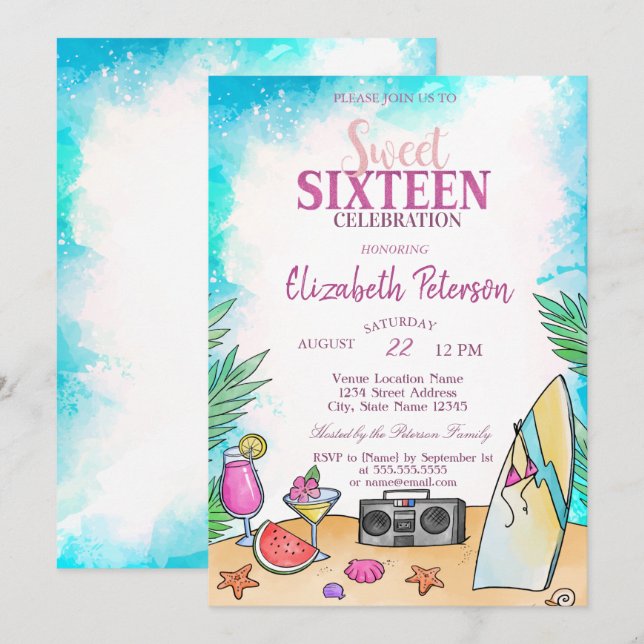 Häftig Beach Cocktail Frukter Sommar Sweet 16 Fest Inbjudningar (Fram/baksida)