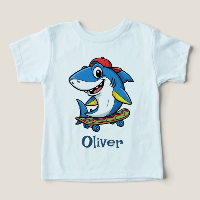 Häftig blå tecknad haj på skateboard t shirt (Design Framsida)