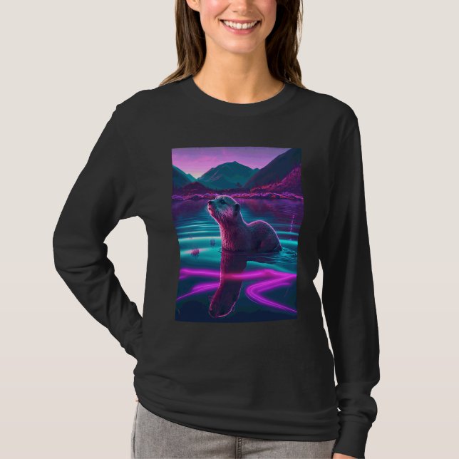 Häftig Havsutter Synthwave Vandrande Utter  2 T Shirt (Framsida)