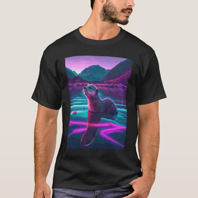 Häftig Havsutter Synthwave Vandrande Utter  2 T Shirt (Framsida)