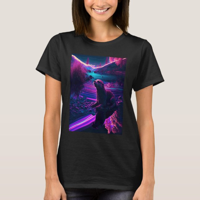 Häftig Havsutter Synthwave Vandrande Utter T Shirt (Framsida)