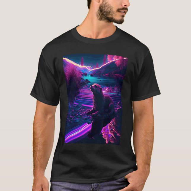 Häftig Havsutter Synthwave Vandrande Utter T Shirt (Framsida)