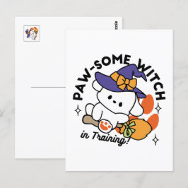 Häftig häxa på utbildning – Söt Halloween-hund Vykort