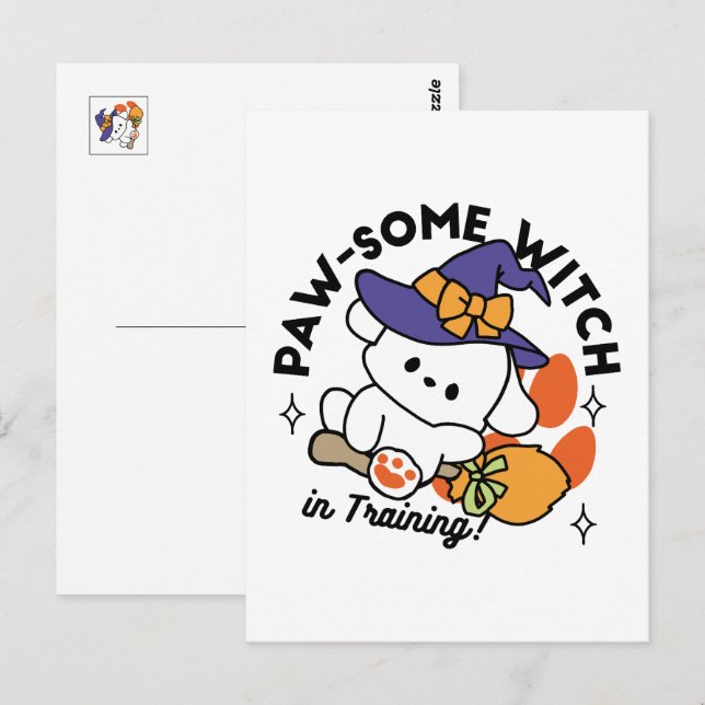 Häftig häxa på utbildning – Söt Halloween-hund  Vykort (Fram/baksida)