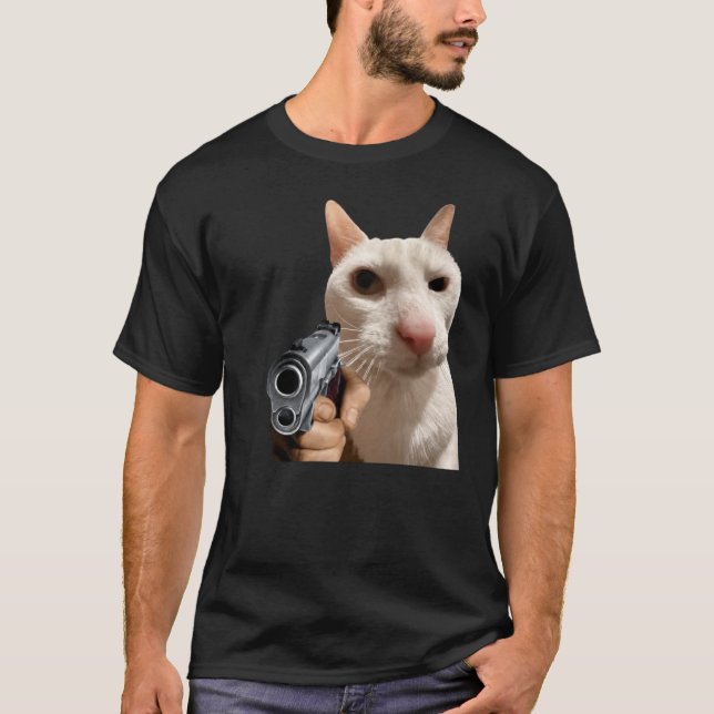 Häftig katt med pistol rolig meme t-shirt (Framsida)