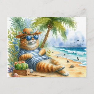 Häftig katt på stranden Kattälskare Vykort