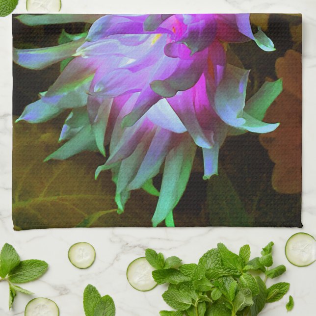 Häftig Magenta och Limegrön Kaktus-Dalia Kökshandduk (Vikta)